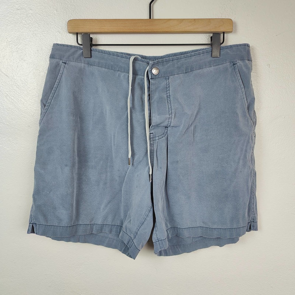 Buck Mason 6" Deck Shorts mens 32 Slate Blue Hybrid Swim Trunks Beach FLAWS